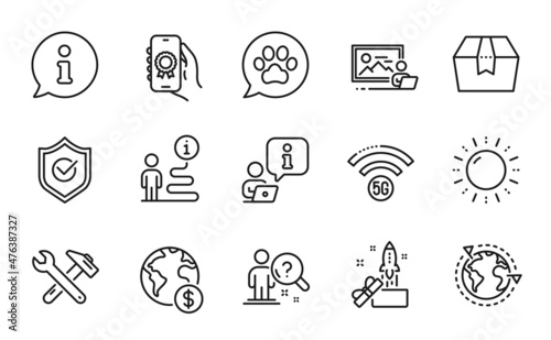 Business icons set. Included icon as Pets care, Outsourcing, Award app signs. 5g wifi, Search employee, Approved shield symbols. Sun energy, Innovation, Spanner tool. Photo studio. Vector