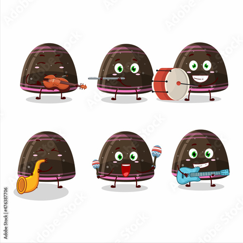Cartoon character of chocolate jelly gummy candy playing some musical instruments