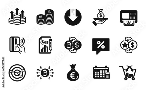 Vector set of Budget, Loyalty points and Bitcoin system icons simple set. Cross sell, Money bag and Atm icons. Download arrow, Loan and Bitcoin exchange signs. Budget simple web symbol. Vector