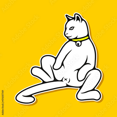 White Cat Chill Sitting Pose Vector Illustration - Vector