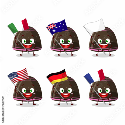 Chocolate jelly gummy candy cartoon character bring the flags of various countries