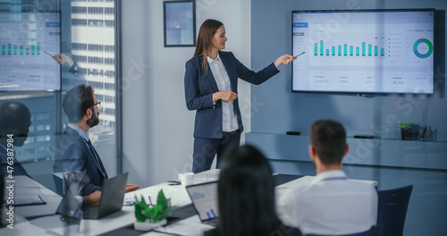 Diverse Office Conference Room Meeting: Motivated Female Digital Startup Owner Presents e-Commerce Fintech Growth Statistics to a Group of Investors. Wall TV with Big Data Analysis, Infographics
