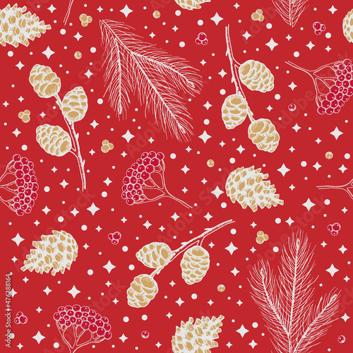 Hand drawn floral winter seamless pattern with christmas tree toys and Snowflakes. Vector illustration background