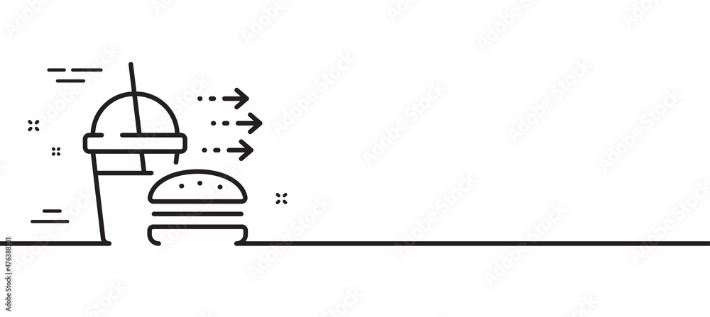 Fototapeta premium Food delivery line icon. Cheeseburger with Soft drink sign. Catering service symbol. Minimal line illustration background. Food delivery line icon pattern banner. White web template concept. Vector