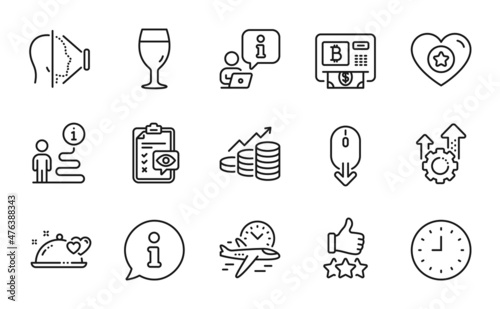 Business icons set. Included icon as Heart, Eye checklist, Growth chart signs. Rating stars, Face id, Flight time symbols. Seo gear, Romantic dinner, Clock. Bitcoin atm, Scroll down. Vector