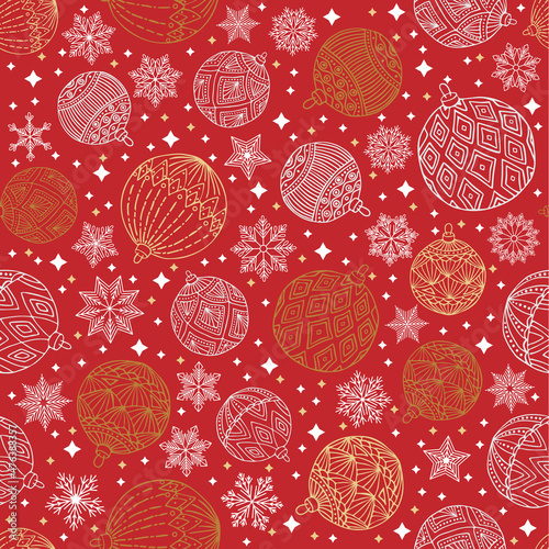 Hand drawn floral winter seamless pattern with christmas tree toys and Snowflakes. Vector illustration background