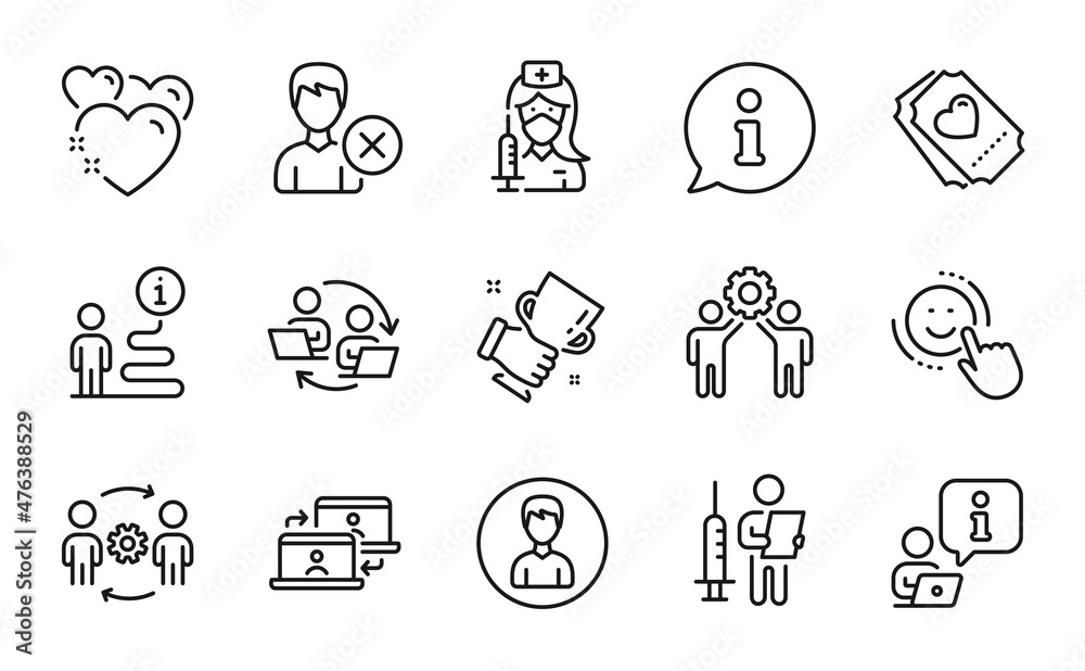 People icons set. Included icon as Teamwork process, Employees teamwork, Person signs. Love ticket, Engineering team, Vaccination symbols. Winner cup, Vaccination announcement, Smile. Vector People icons set. Included icon as Teamwork process, Employees teamwork, Person signs. Love ticket, Engineering team, Vaccination symbols. Winner cup, Vaccination announcement, Smile. Vector