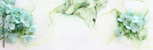 Valokuvatapetti Creative image of pastel mint green Hydrangea flowers on artistic ink background