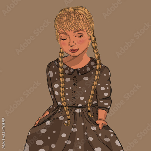 girl with braids in a dress with polka dots