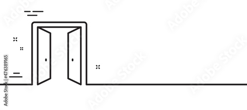 Open door line icon. Entrance doorway sign. Building exit symbol. Minimal line illustration background. Open door line icon pattern banner. White web template concept. Vector