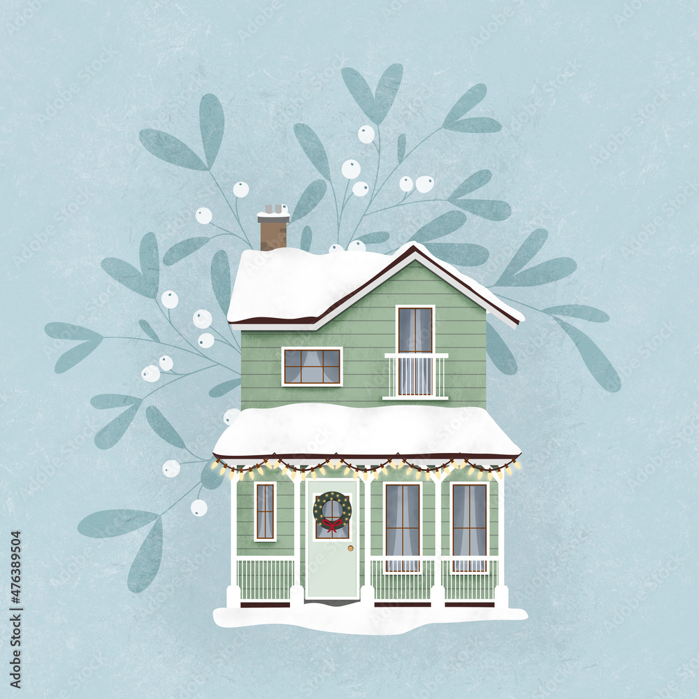 Zimowy domek, śnieg i jemioła. Dom ozdobiony na Święta Bożego Narodzenia i Nowy Rok. Nowoczesny zielony rodzinny dom ze spadzistym dachem, oknami, drzwiami i białymi poręczami. Urocza chatka. - obrazy, fototapety, plakaty 