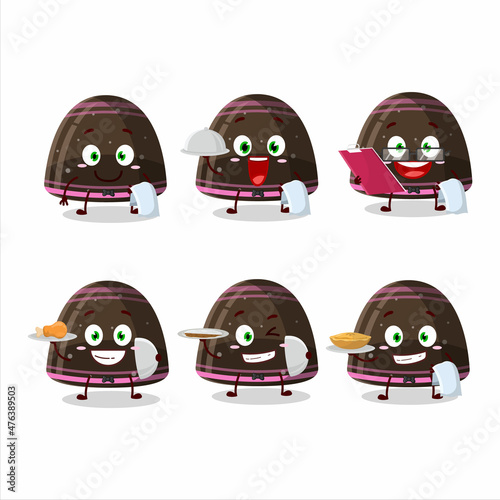 happy chocolate jelly gummy candy waiter cartoon character holding a plate