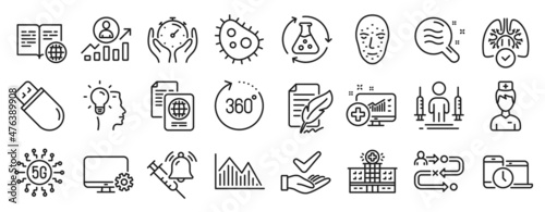 Set of Science icons, such as Time management, Timer, Journey path icons. Usb stick, Coronavirus injections, Skin condition signs. Lungs, Dermatologically tested, Hospital building. Doctor. Vector