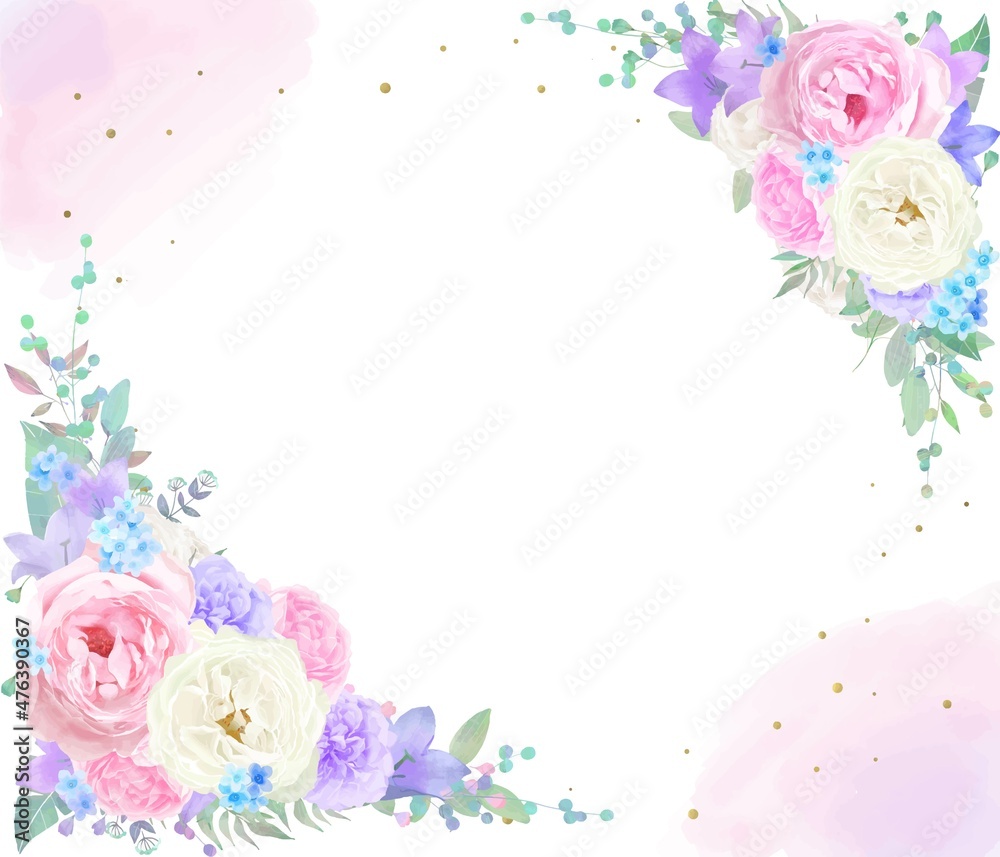 美しい白とピンクのバラとブルースターと紫色の花の招待状水彩画風ロマンチックベクターフレーム