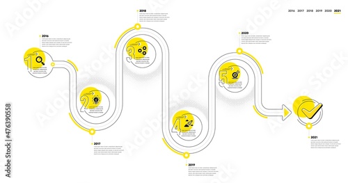 Business Infographic timeline with 5 steps. Workflow process diagram with Research Idea, Working, Startup rocket and Goal target icons. Timeline infograph diagram. Vector