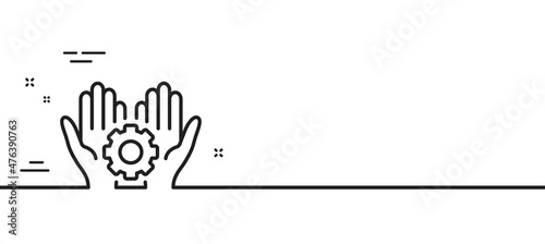 Employee hands line icon. Work gear sign. Development cogwheel symbol. Minimal line illustration background. Employee hand line icon pattern banner. White web template concept. Vector