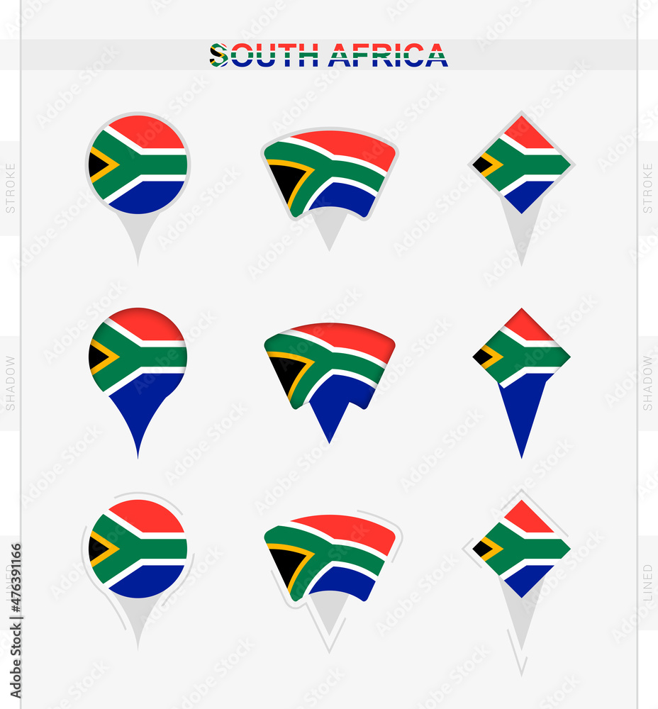 South Africa flag, set of location pin icons of South Africa flag.