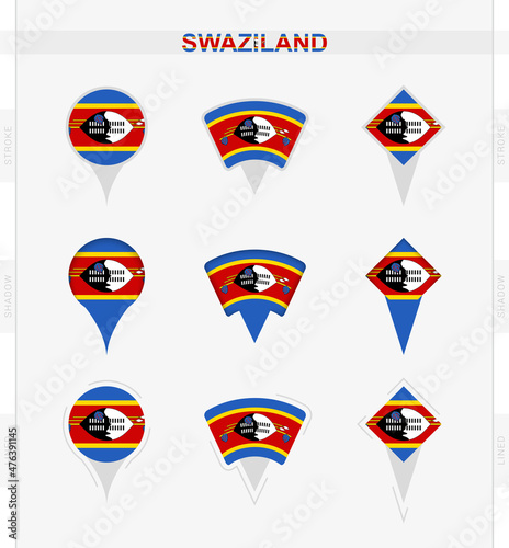 Swaziland flag, set of location pin icons of Swaziland flag.