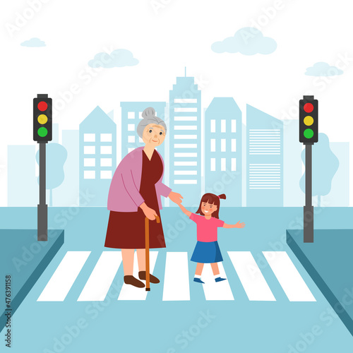 Happy girl child helping grandmother crossing street in flat design. Kids assist senior woman at crosswalk concept vector illustration.