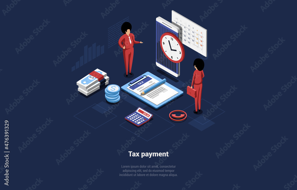 Tax Payment Vector Illustration In Cartoon 3D Style On Dark Background. Conceptual Isometric Design With Characters And Writing. Person Standing Near Smartphone And Documents With Information List