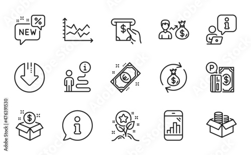 Finance icons set. Included icon as Atm service, Sallary, Loyalty points signs. Money box, Money exchange, Download arrow symbols. Post package, New, Diagram chart. Graph phone line icons. Vector