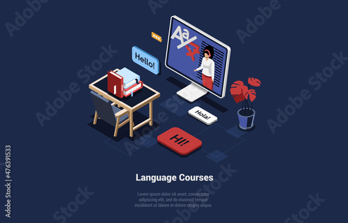 Language Study Courses Vector Illustration In Cartoon 3D Style On Dark Background. Conceptual Isometric Design With Characters And Writing. Internet Learn, Online Education, Remote School, University