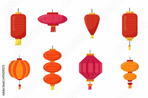 A set of Chinese paper lanterns. The festival. Cartoon vector illustration.