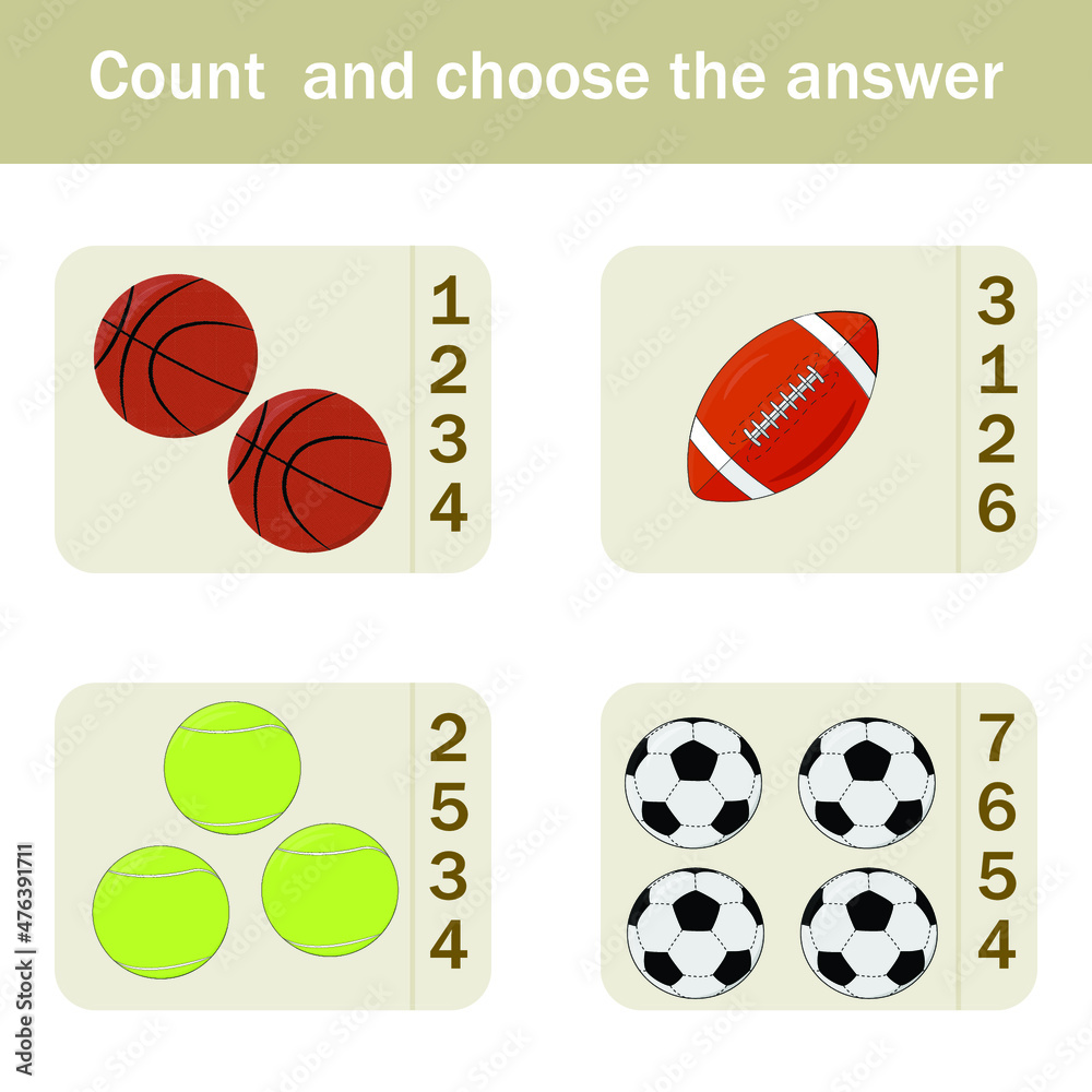 worksheet vector design, task to calculate the answer and connect to the correct number with basketball, tennis, football and rugby balls. Logic game for children.