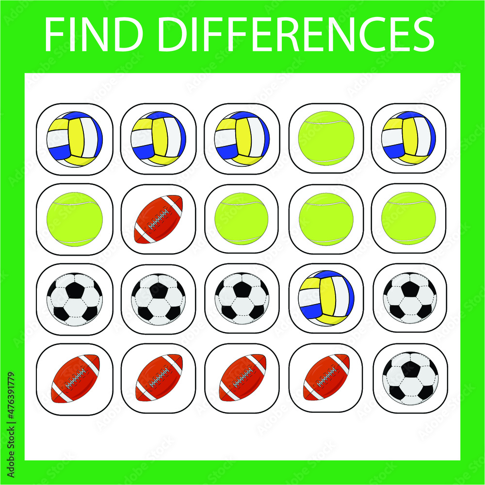 worksheet vector design, the task is to find among the same sport balls in a row. Logic game for children. worksheet vector design, the task is to find among the same sport balls in a row. Logic game for children.
