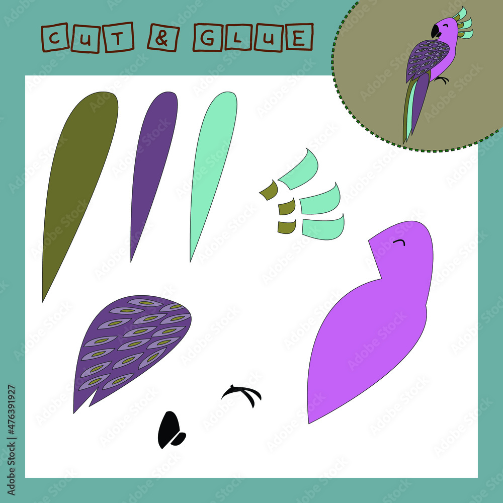Fototapeta premium Children's paper puzzle with a pet parrot. Baby education cut and paste applique for preschool age.