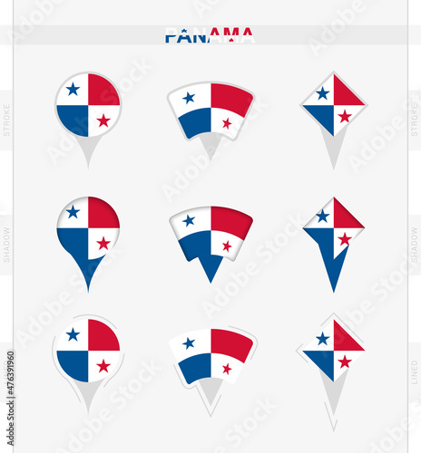Panama flag, set of location pin icons of Panama flag.