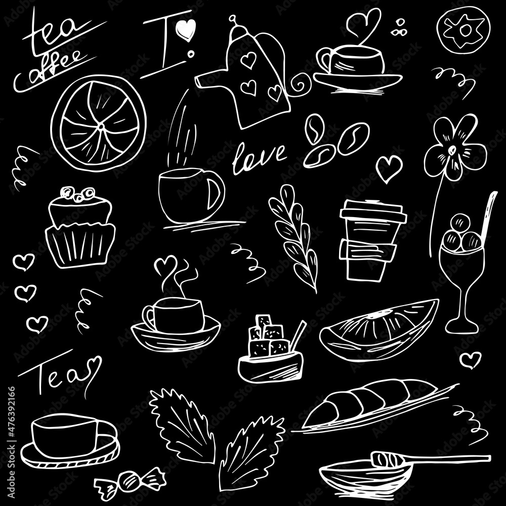 pattern of tea or coffee elements with cookies and ice cream on a black background. Vector illustration for business cafes and restaurants