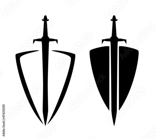 simple style coat of arms with knight sword and heraldic shield - black and white vector design set for security concept