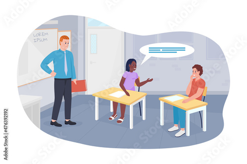 Talking during lessons 2D vector isolated illustration. Chattering students and angry teacher flat characters on cartoon background. Teacher frustration reason. Classroom distraction colourful scene