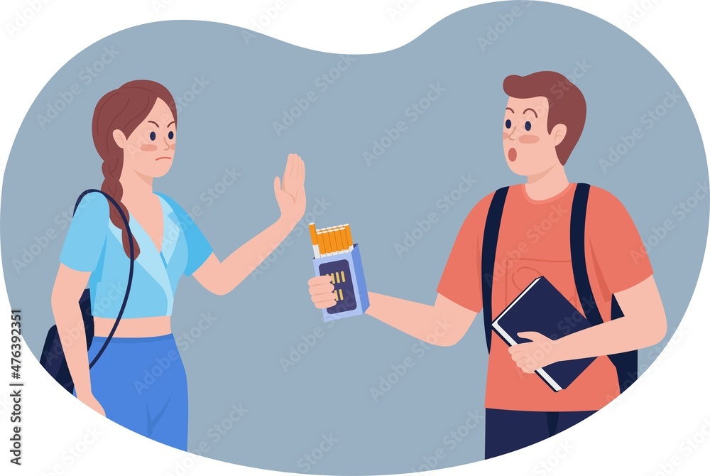 Combating peer pressure 2D vector isolated illustration. Teen smoking  prevention. Schoolgirl refuses cigarettes from friend flat characters on  cartoon background. Smoking refusal skill colourful scene Stock Vector |  Adobe Stock