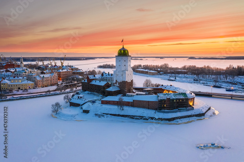 Vyborg on a winter evening. Castle view. photo