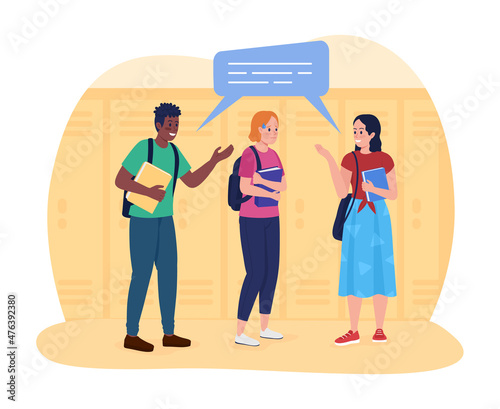 Social awkwardness in high school 2D vector isolated illustration. Shy schoolgirl with classmates flat characters on cartoon background. Inability and fear to engage in group colourful scene