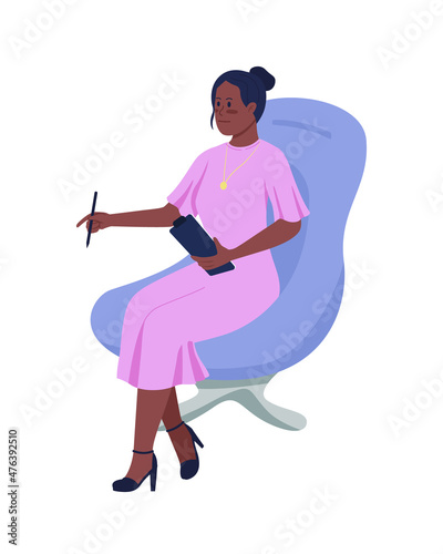 Smiling counselor sitting in armchair semi flat color vector character. Full body person on white. Psychological consultant isolated modern cartoon style illustration for graphic design and animation