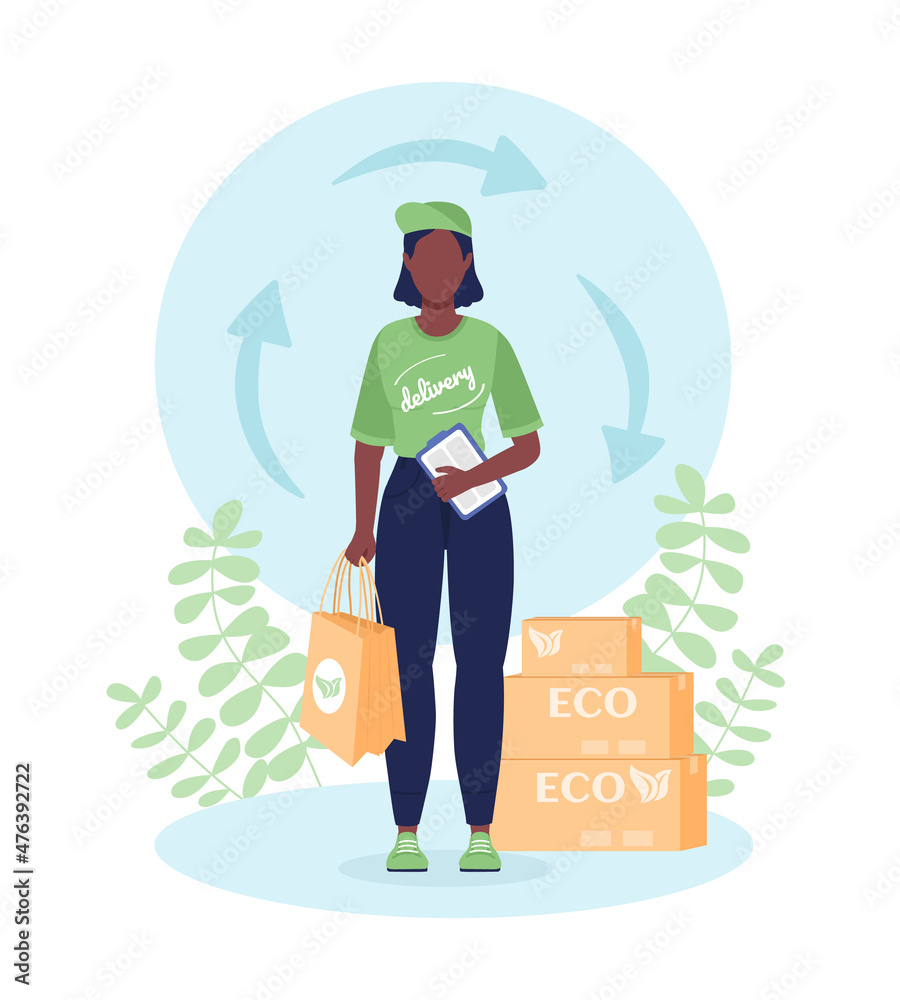 Eco delivery flat concept vector illustration. Groceries order. Professional courier in uniform isolated 2D cartoon character on white for web design. Order shipment service creative idea