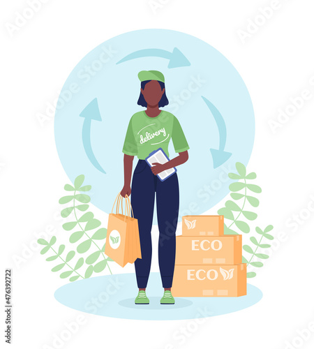 Eco delivery flat concept vector illustration. Groceries order. Professional courier in uniform isolated 2D cartoon character on white for web design. Order shipment service creative idea
