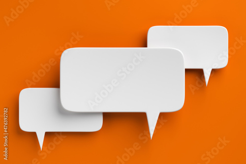 Social media notification icons, white speech bubbles on orange background. 3D rendering