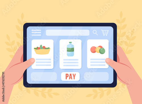 Buy groceries online flat color vector illustration. Choosing food online. Internet service for supermarket. Tablet with market products list 2D cartoon first view hand with abstract on background