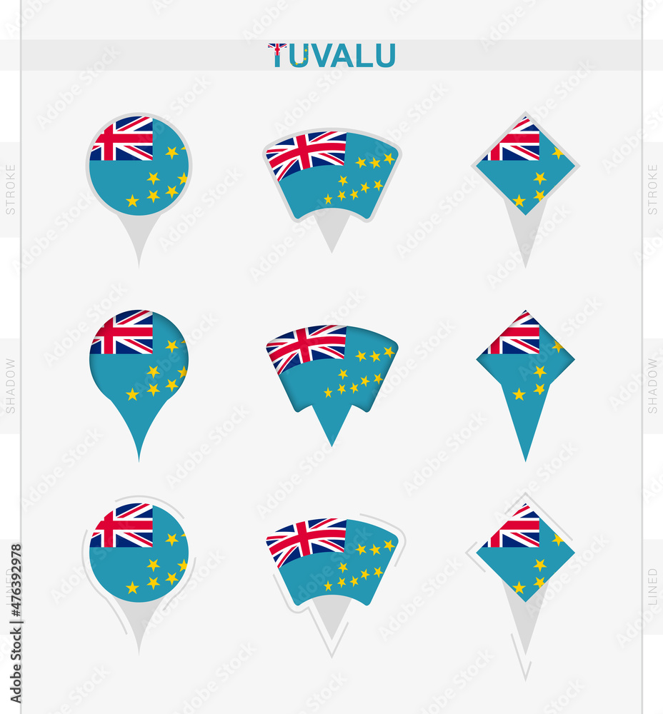 Tuvalu flag, set of location pin icons of Tuvalu flag. Tuvalu flag, set of location pin icons of Tuvalu flag.