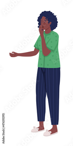 Tired woman semi flat color vector character. Posing figure. Full body person on white. Lazy sleepy lady in pjs isolated modern cartoon style illustration for graphic design and animation