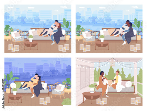 Couple relax outdoor flat color vector illustration set. Romantic date on rooftop. Spend time with friend on porch. Resting together 2D cartoon characters with outdoor scene on background collection