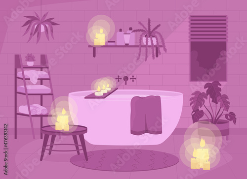 Romantic bathroom atmosphere flat color vector illustration. Purple monochromatic scenery. Bathtub and candles in home. Nordic style 2D cartoon interior with furnishing on background