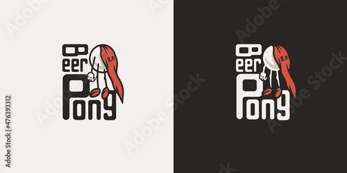 Beer pong game. T-shirt print with beer flying ball man for design competition or tournament in bar. Alcohol sport with throw and drink. College challenge with booze