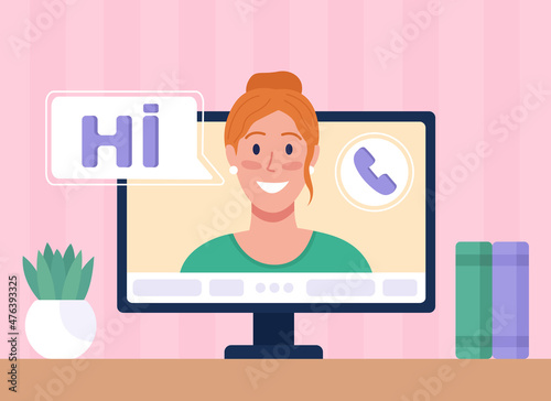 Chatting with female friend online flat color vector illustration. Using video calling service. Virtual friendship. Smiling red haired lady 2D cartoon character with computer monitor on background