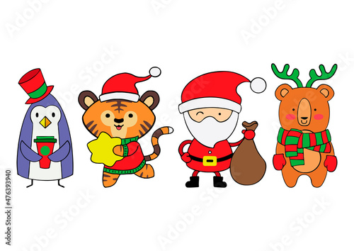 Set of Christmas stickers isolated on white background. Symbol of 2022. Vector illustration of cartoon character in flat style for decorations, invitations and cards for Christmas and New Year.