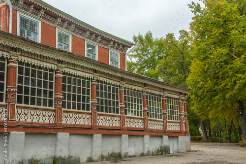 Red and white wooden carved facade of the 19th century building of the former Noble Assembly Summer Club in Ryazan photo